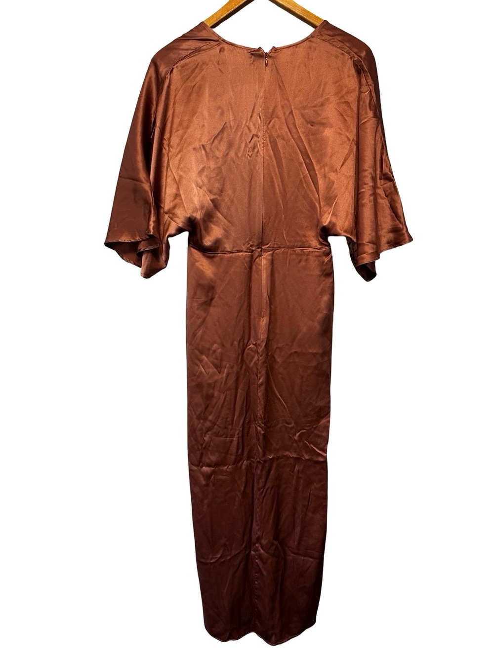 Reformation Silk Deep V Maxi Dress SZ 4 Rust Brown Satin Flutter Sleeve Slip - Picture 7 of 15